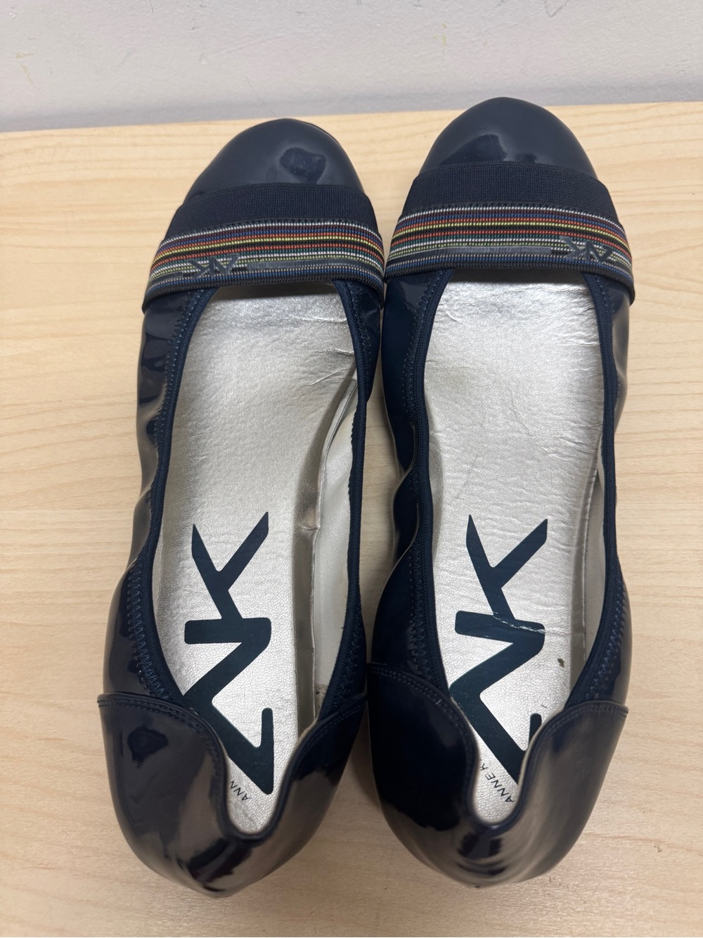 Anne Klein Navy Patent Ballet Flats with Multicolor Stripe Trim